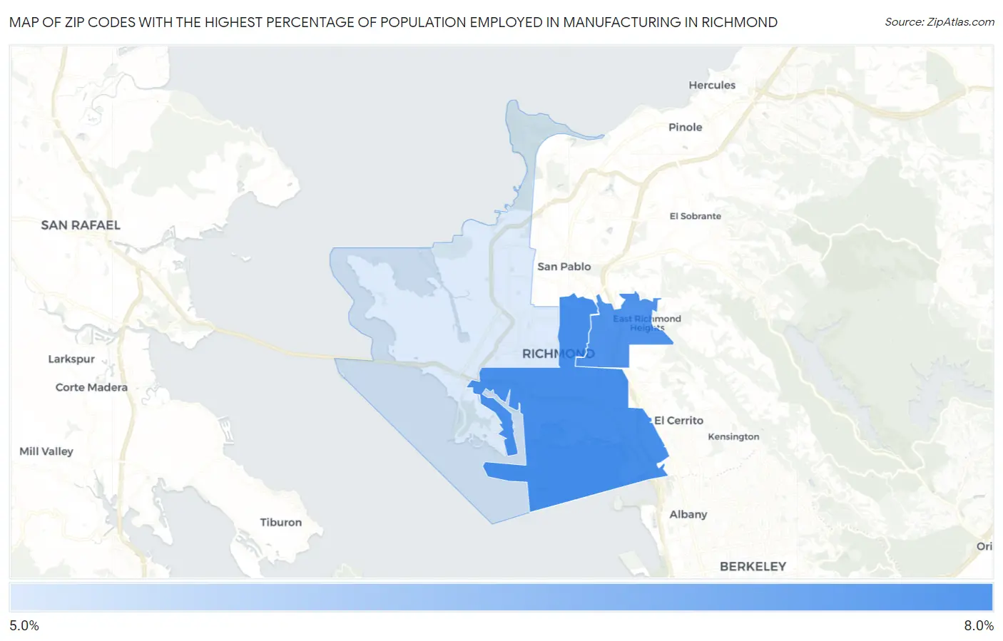 Zip Codes with the Highest Percentage of Population Employed in Manufacturing in Richmond Map