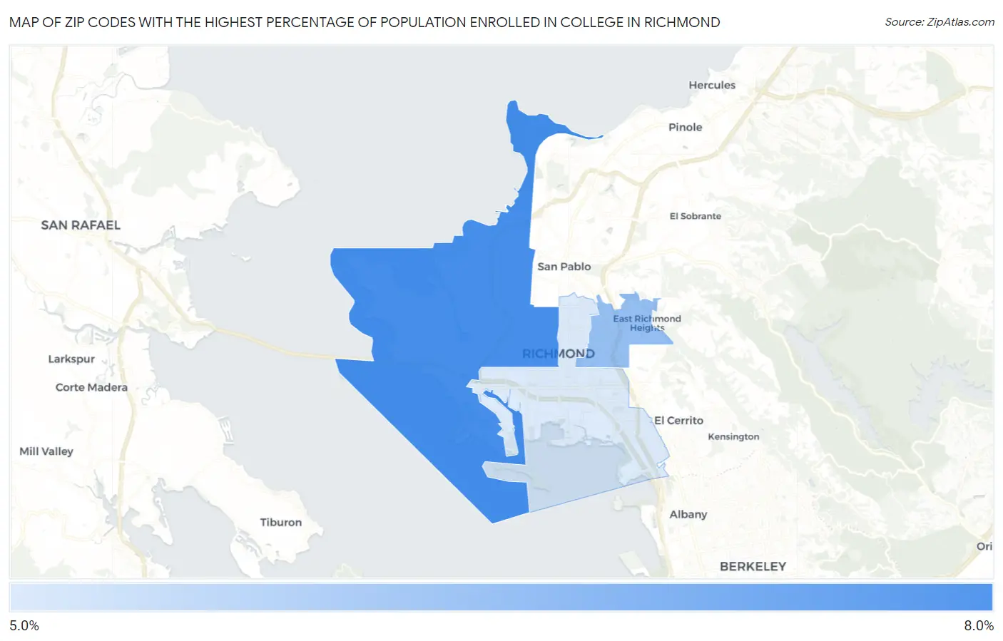 Zip Codes with the Highest Percentage of Population Enrolled in College in Richmond Map