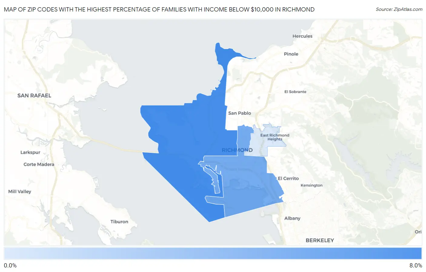 Zip Codes with the Highest Percentage of Families with Income Below $10,000 in Richmond Map