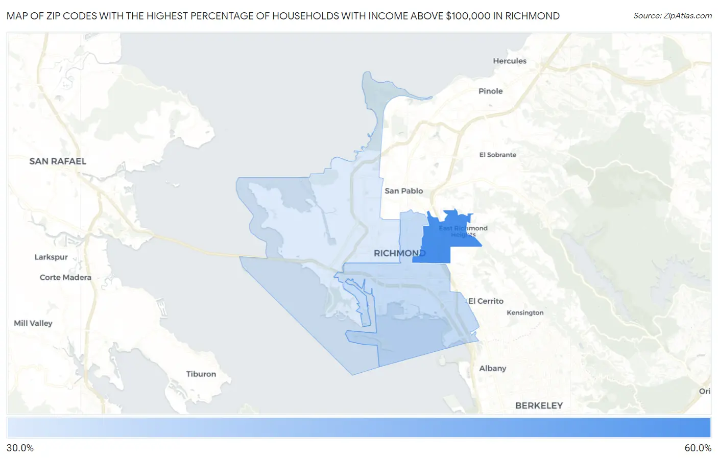 Zip Codes with the Highest Percentage of Households with Income Above $100,000 in Richmond Map