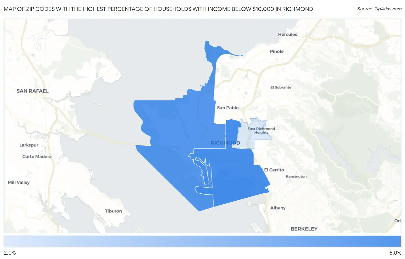Zip Codes with the Highest Percentage of Households with Income Below $10,000 in Richmond Map