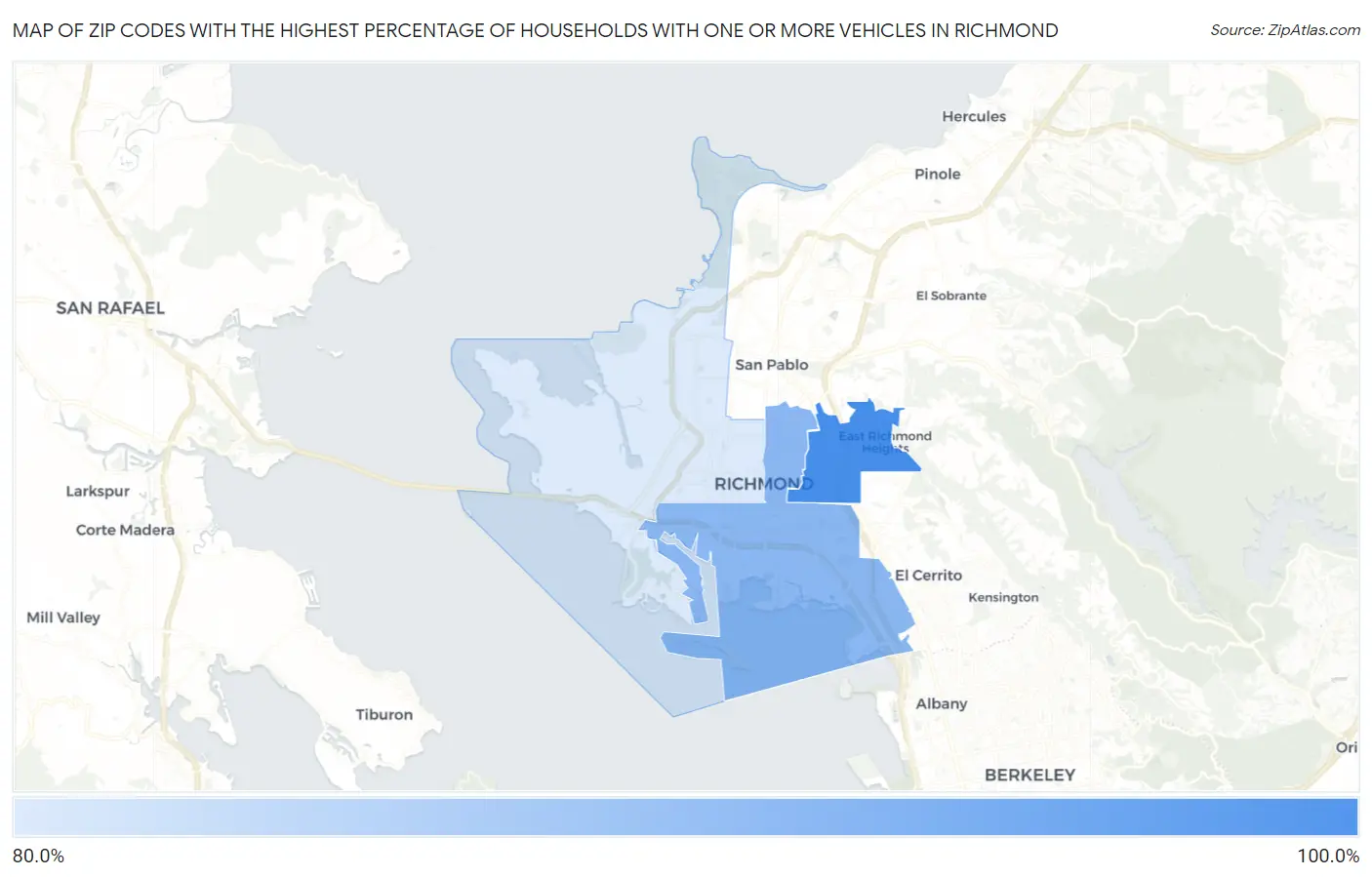 Zip Codes with the Highest Percentage of Households With One or more Vehicles in Richmond Map