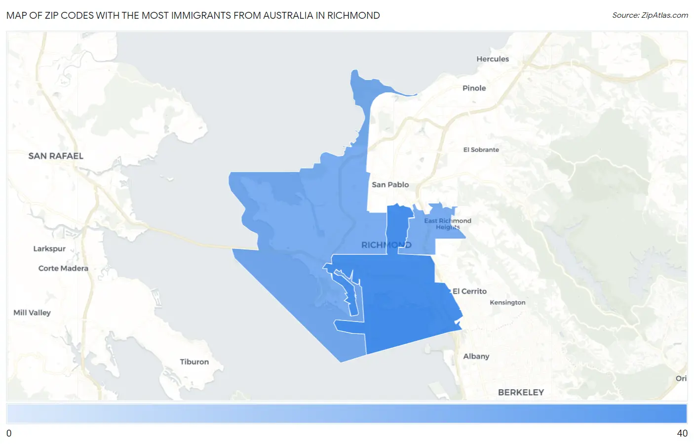 Zip Codes with the Most Immigrants from Australia in Richmond Map