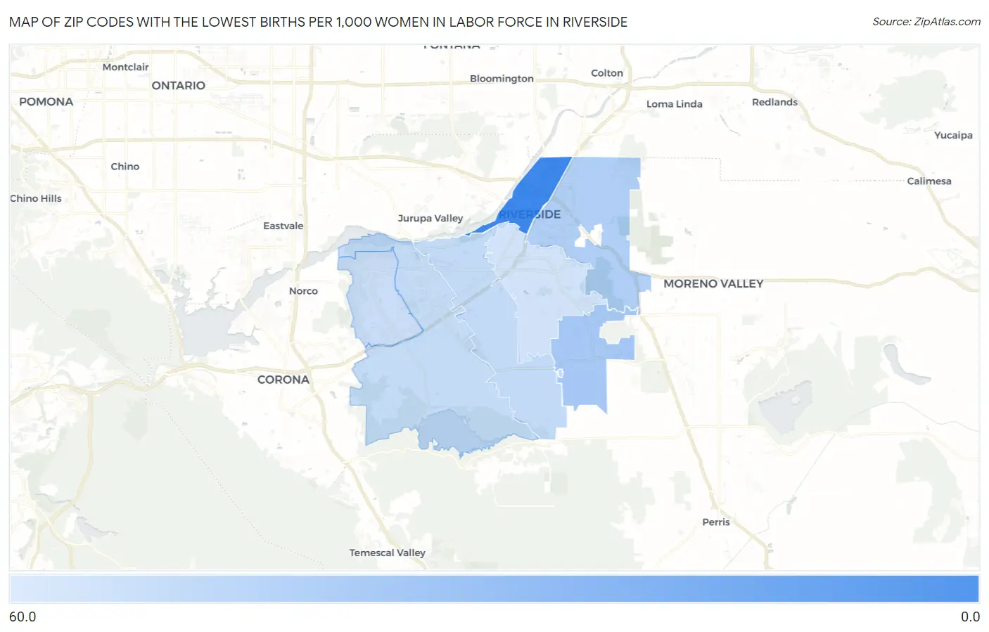 Zip Codes with the Lowest Births per 1,000 Women in Labor Force in Riverside Map