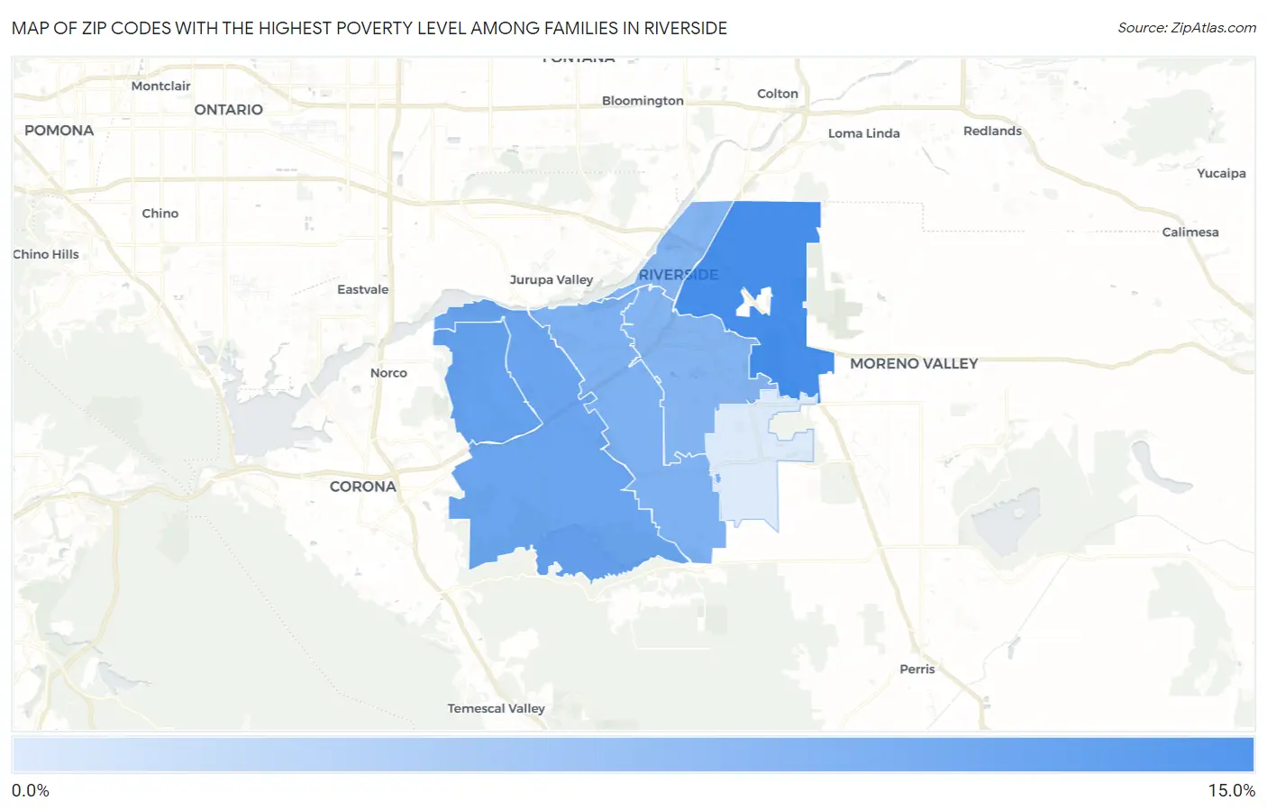 Zip Codes with the Highest Poverty Level Among Families in Riverside Map