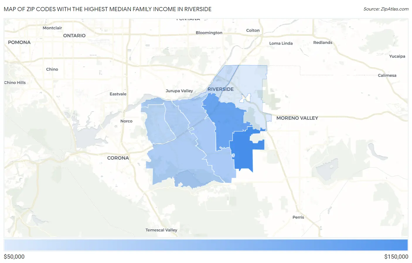 Zip Codes with the Highest Median Family Income in Riverside Map