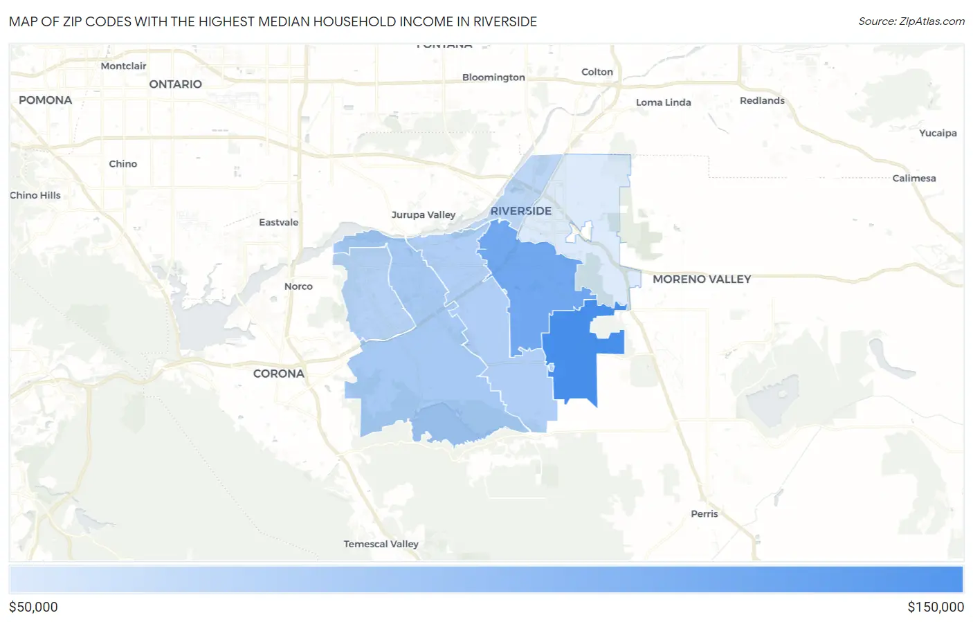 Zip Codes with the Highest Median Household Income in Riverside Map