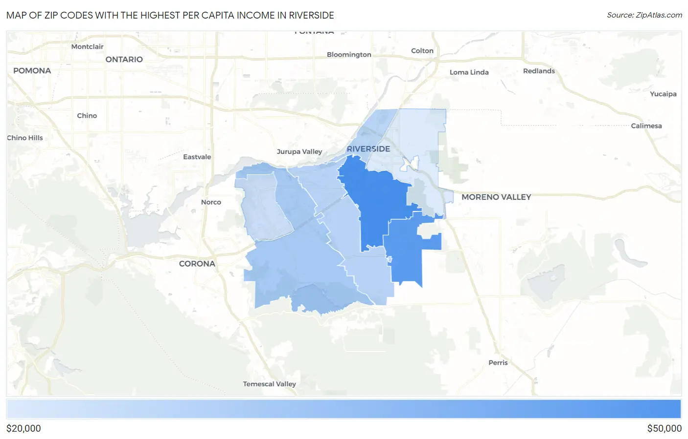 Zip Codes with the Highest Per Capita Income in Riverside Map