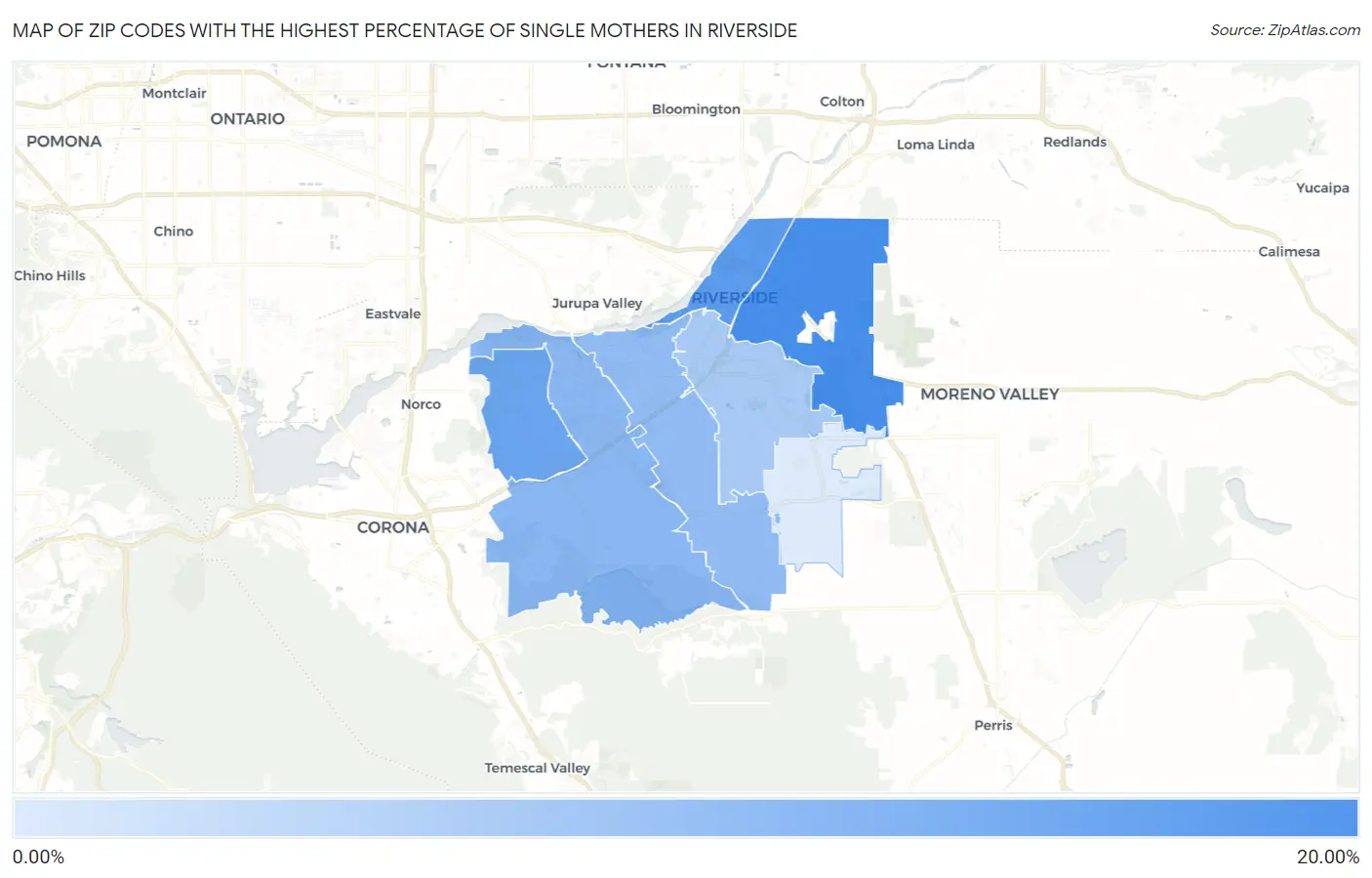 Zip Codes with the Highest Percentage of Single Mothers in Riverside Map
