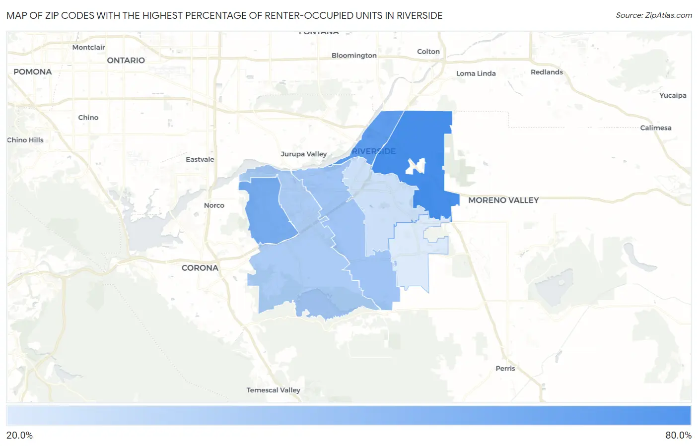 Zip Codes with the Highest Percentage of Renter-Occupied Units in Riverside Map