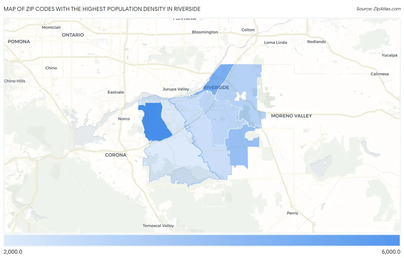 Zip Codes with the Highest Population Density in Riverside Map