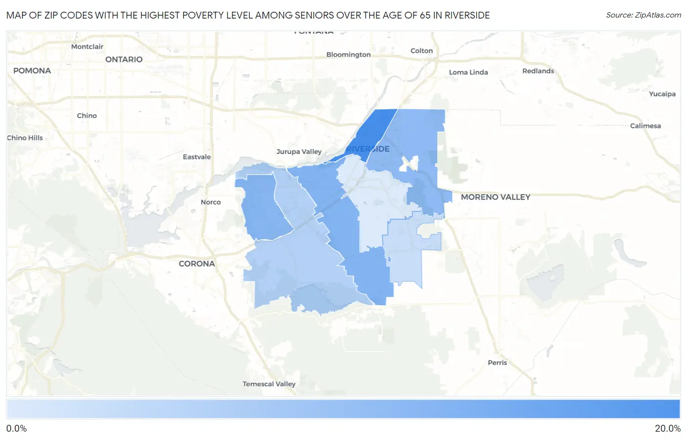 Zip Codes with the Highest Poverty Level Among Seniors Over the Age of 65 in Riverside Map