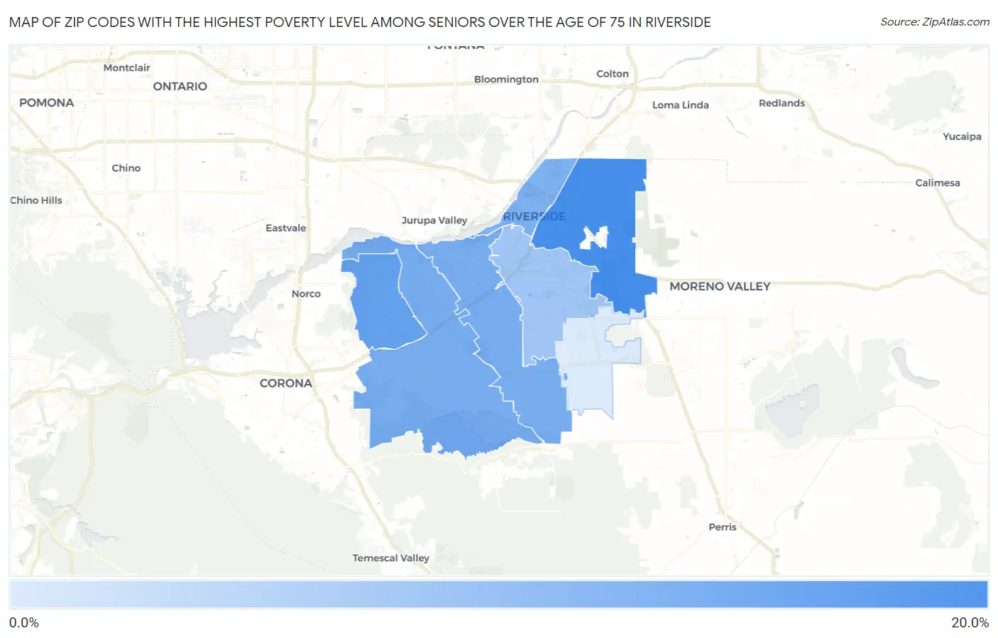 Zip Codes with the Highest Poverty Level Among Seniors Over the Age of 75 in Riverside Map