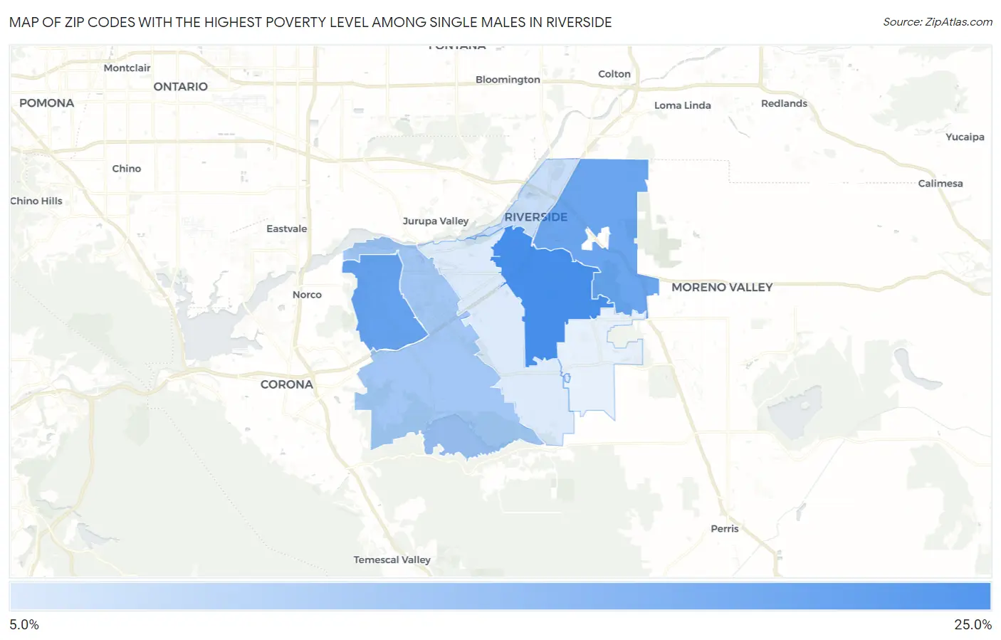 Zip Codes with the Highest Poverty Level Among Single Males in Riverside Map