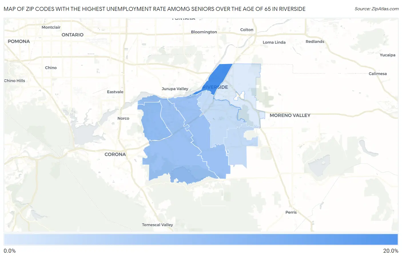 Zip Codes with the Highest Unemployment Rate Amomg Seniors Over the Age of 65 in Riverside Map