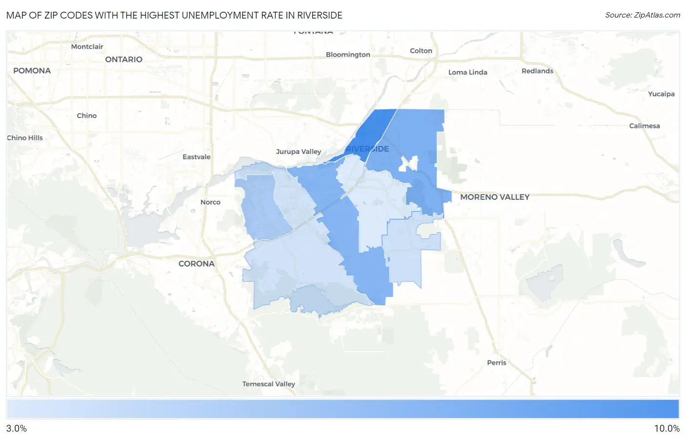 Zip Codes with the Highest Unemployment Rate in Riverside Map