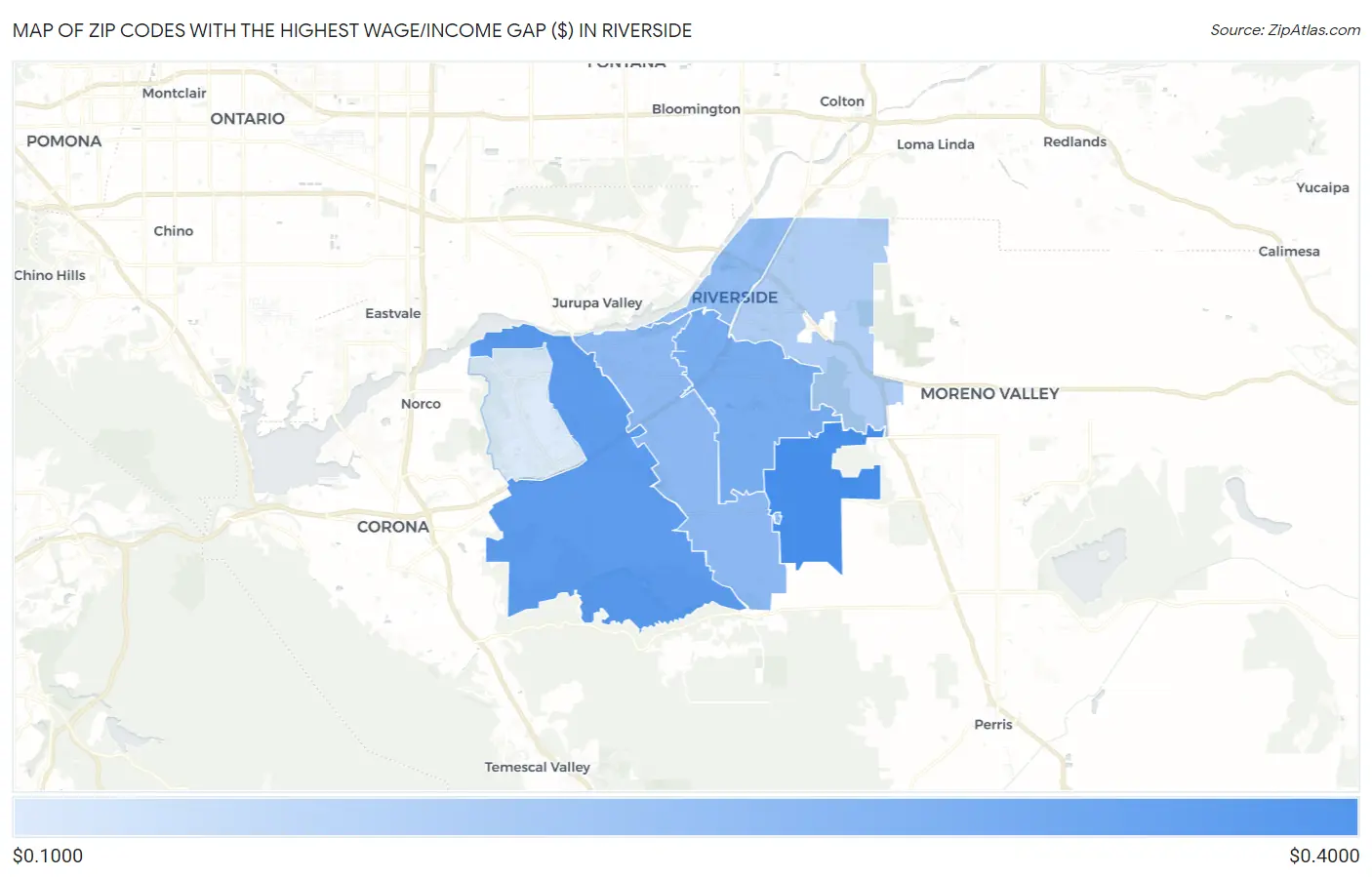 Zip Codes with the Highest Wage/Income Gap ($) in Riverside Map