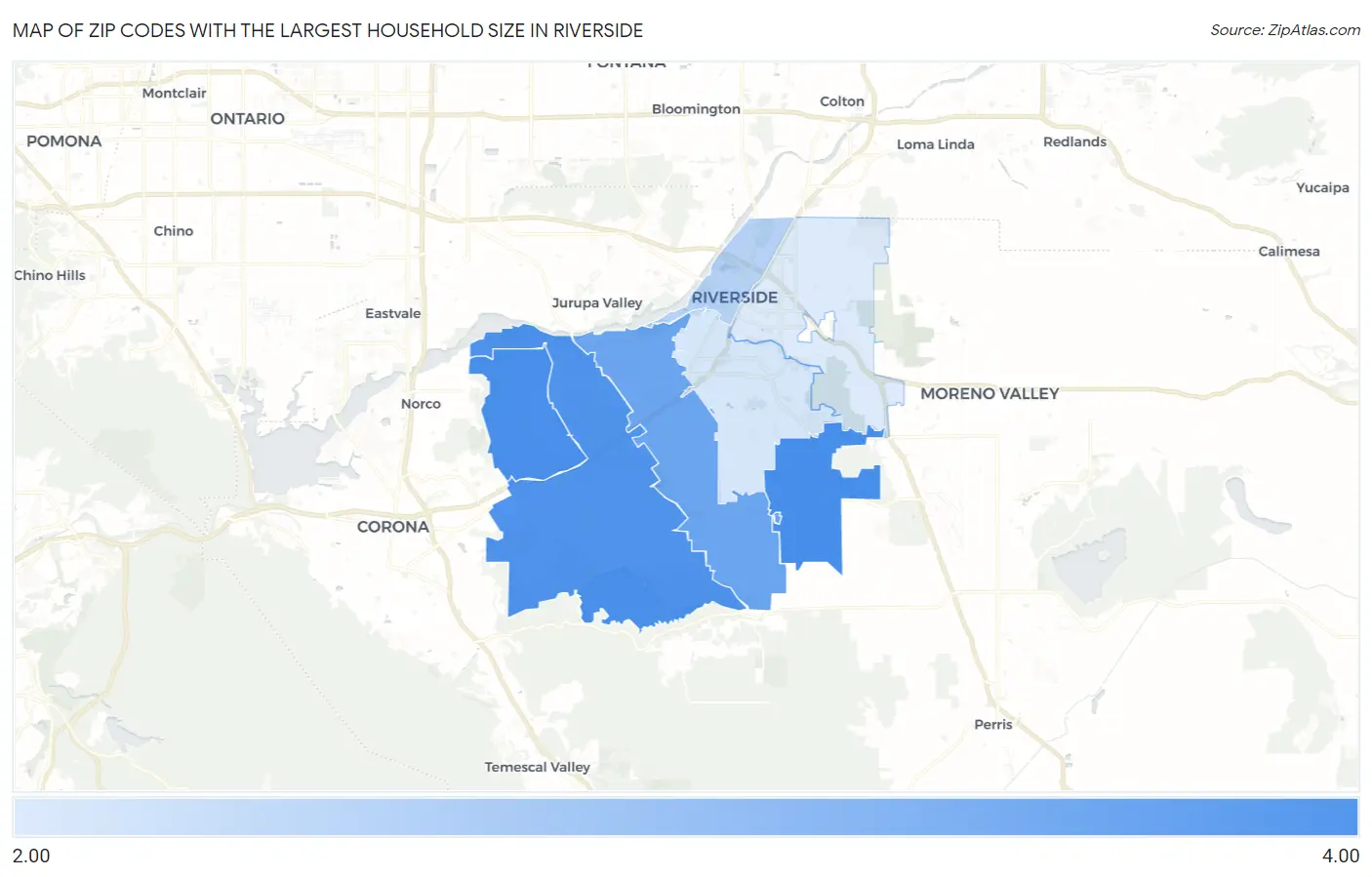 Zip Codes with the Largest Household Size in Riverside Map