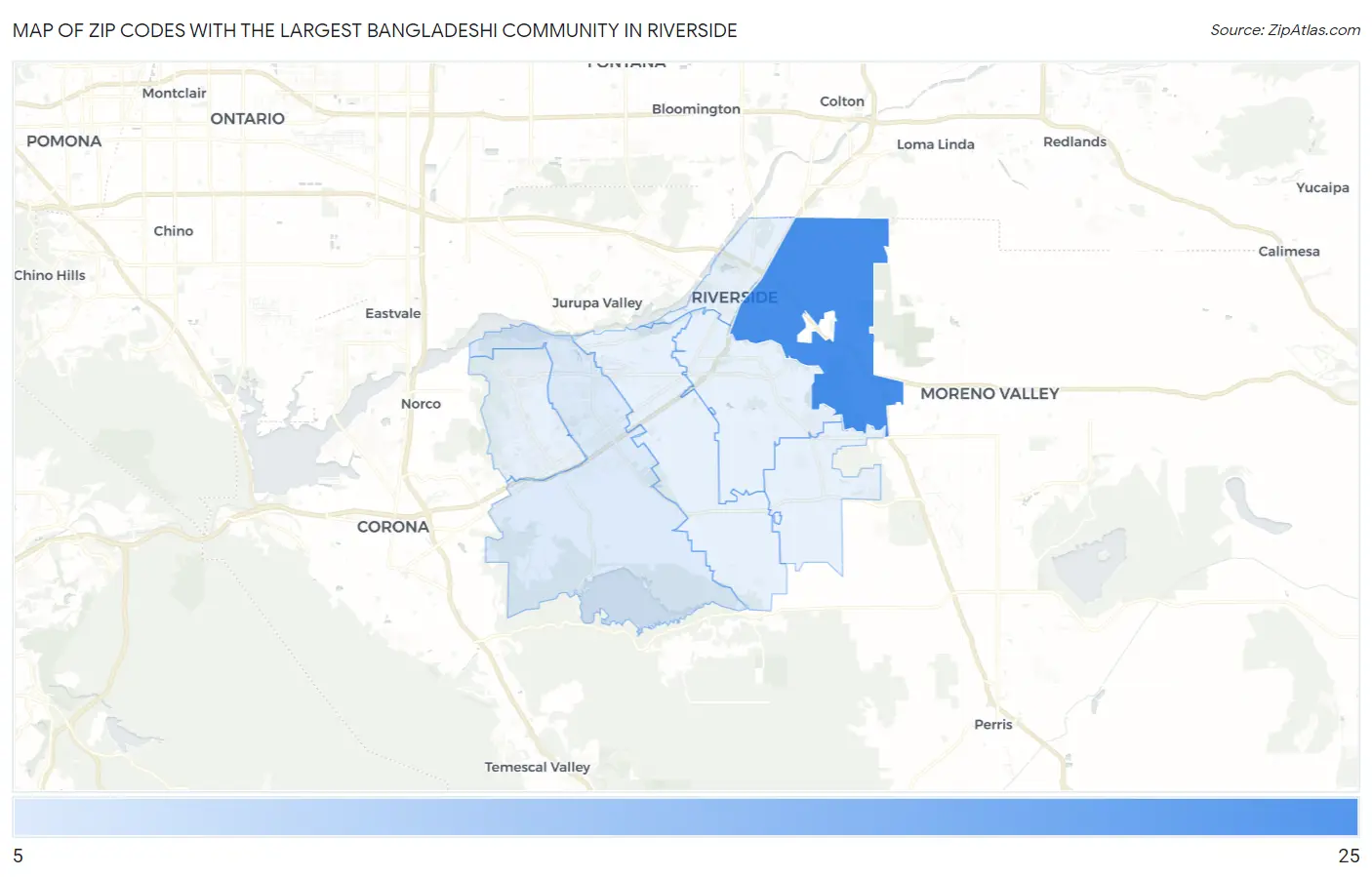 Zip Codes with the Largest Bangladeshi Community in Riverside Map