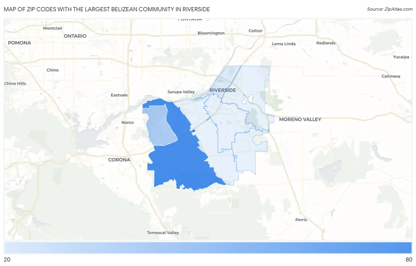 Zip Codes with the Largest Belizean Community in Riverside Map
