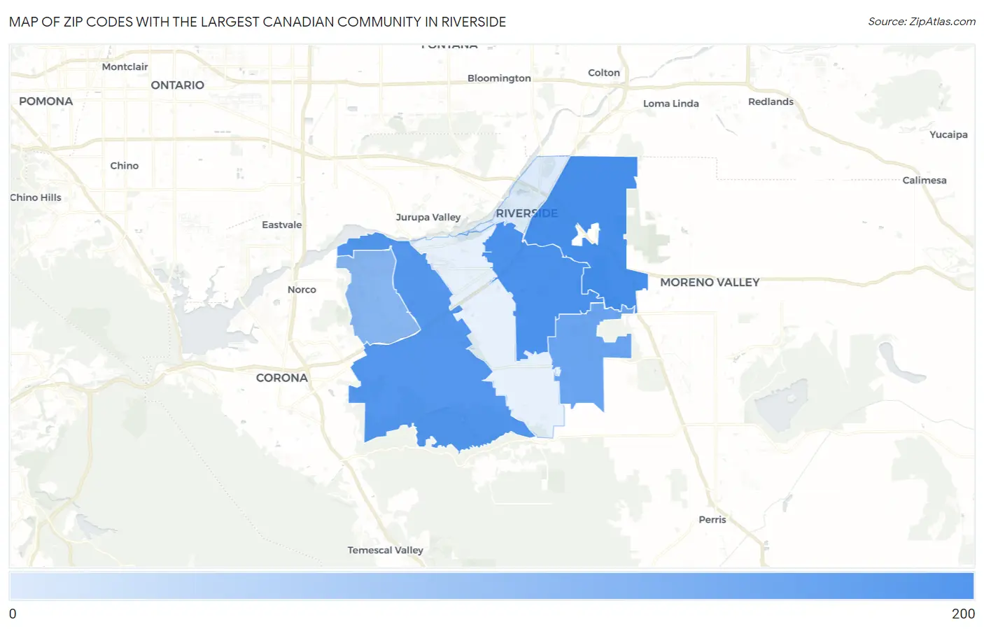 Zip Codes with the Largest Canadian Community in Riverside Map