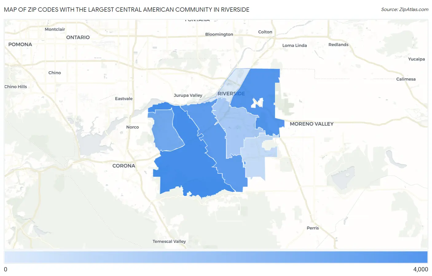 Zip Codes with the Largest Central American Community in Riverside Map