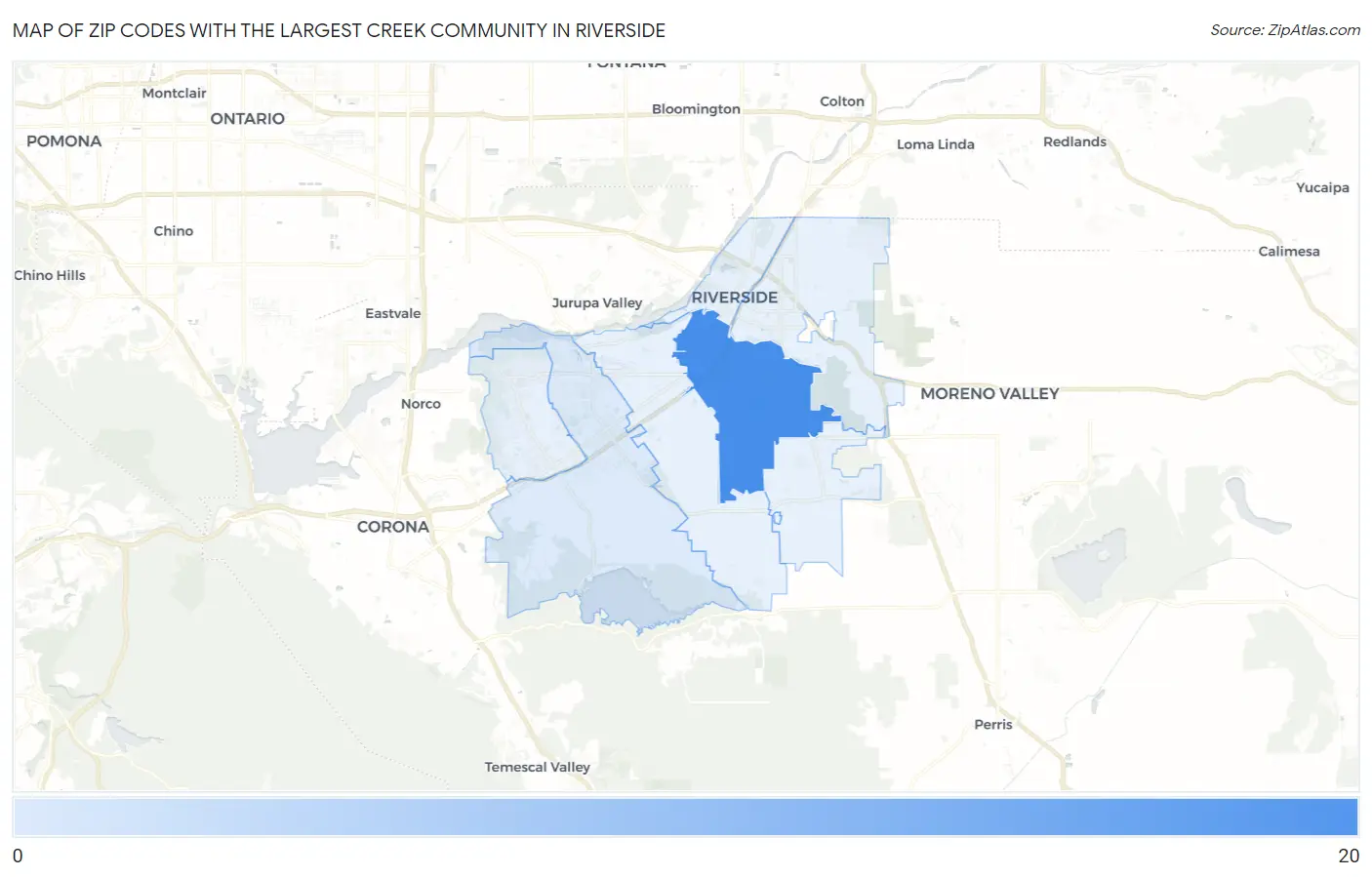 Zip Codes with the Largest Creek Community in Riverside Map