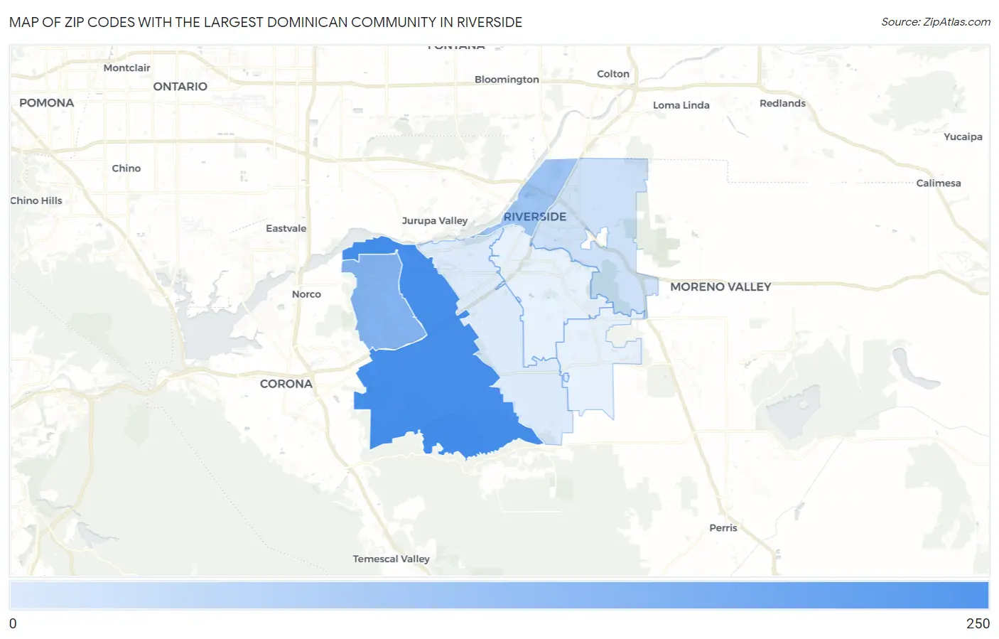 Zip Codes with the Largest Dominican Community in Riverside Map