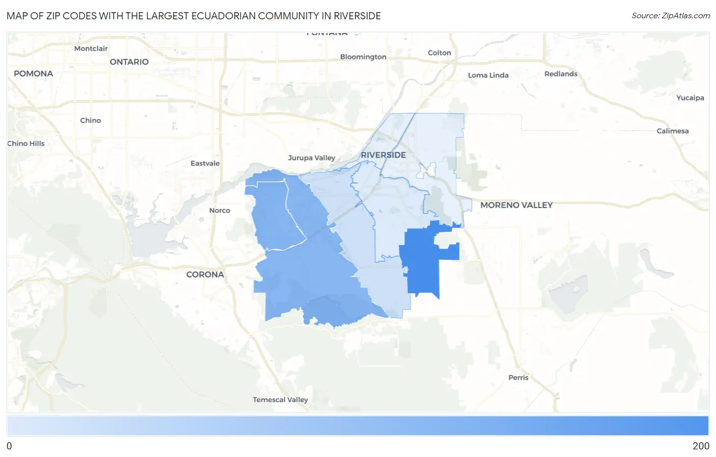 Zip Codes with the Largest Ecuadorian Community in Riverside Map