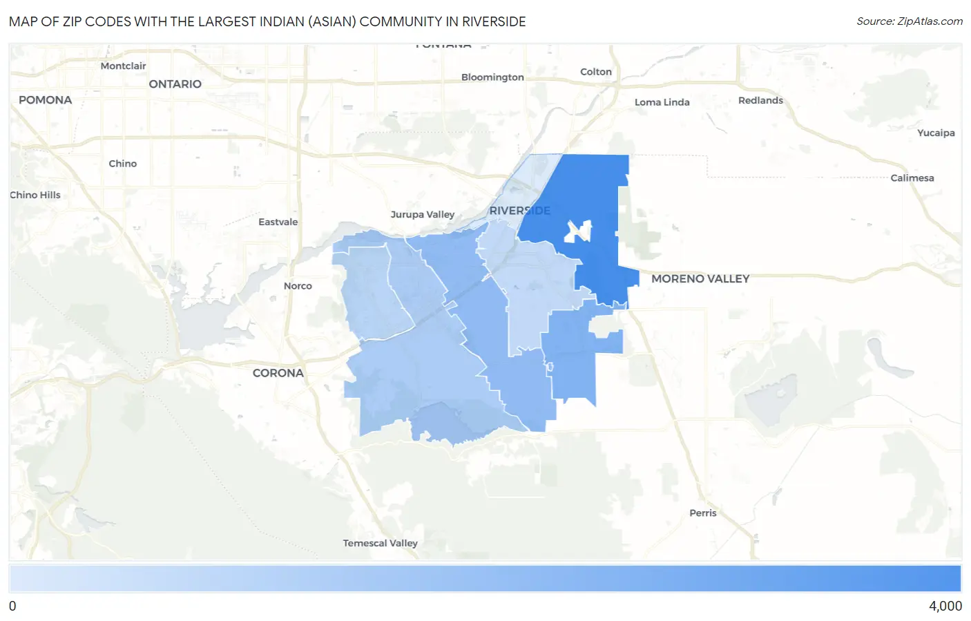 Zip Codes with the Largest Indian (Asian) Community in Riverside Map