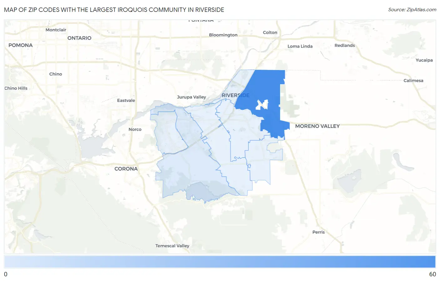Zip Codes with the Largest Iroquois Community in Riverside Map