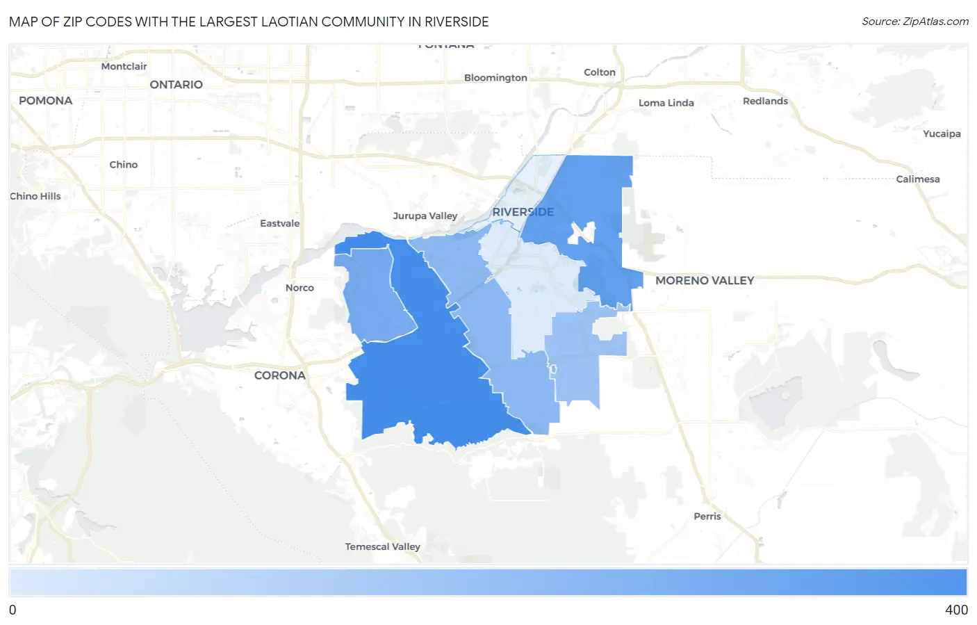 Zip Codes with the Largest Laotian Community in Riverside Map