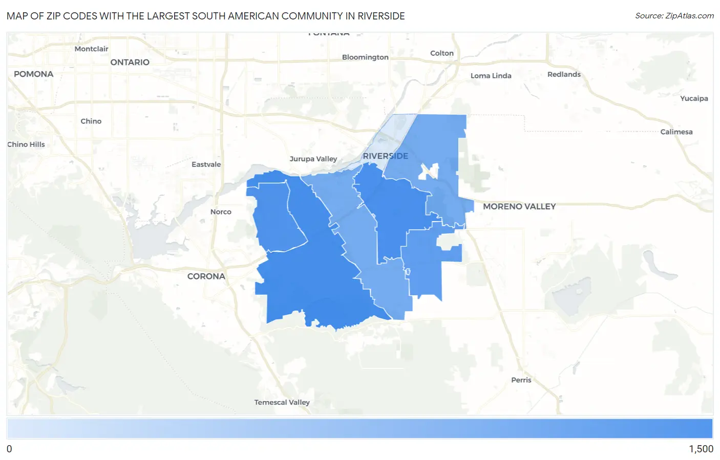 Zip Codes with the Largest South American Community in Riverside Map