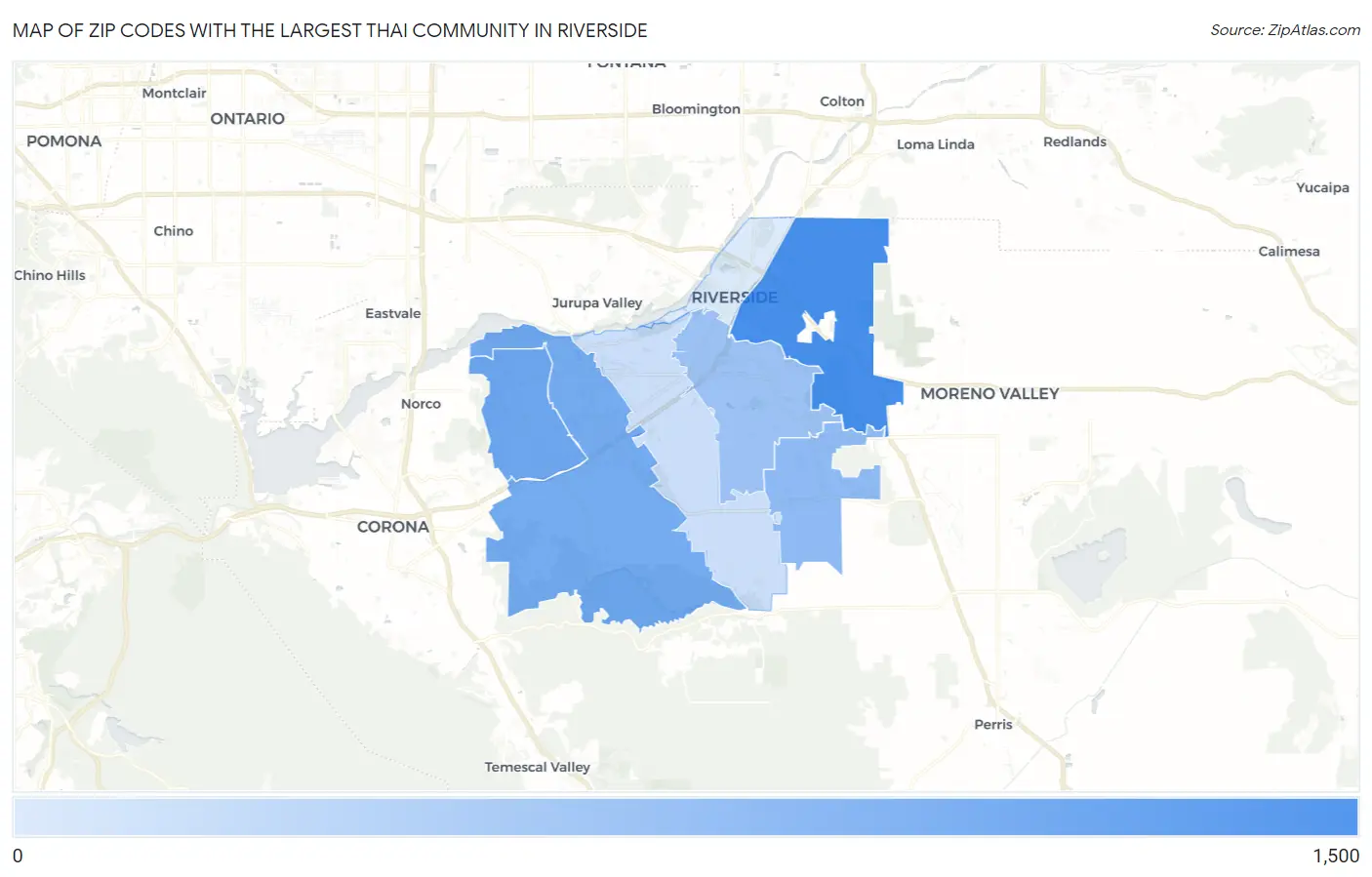 Zip Codes with the Largest Thai Community in Riverside Map