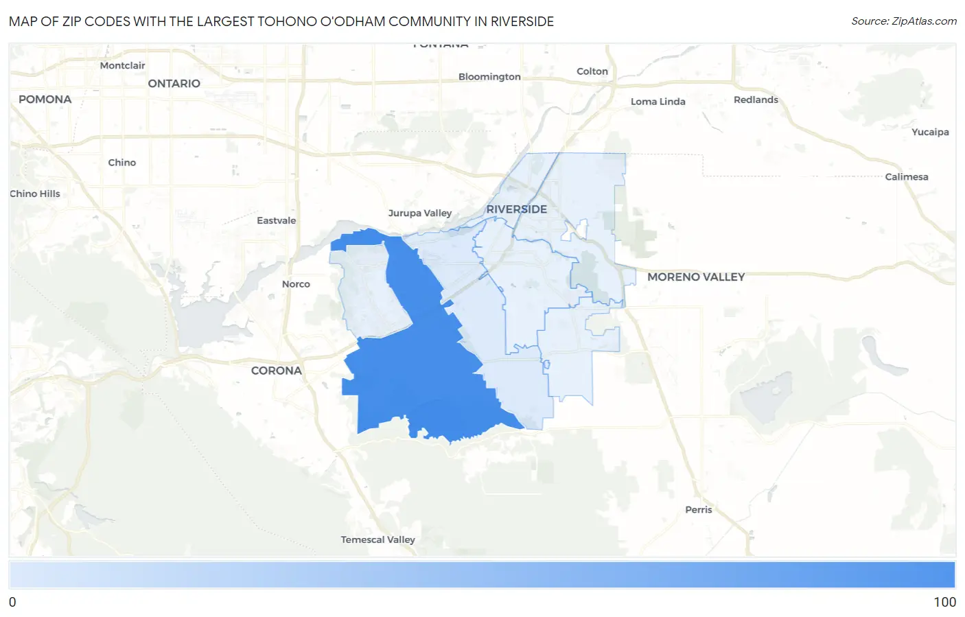 Zip Codes with the Largest Tohono O'Odham Community in Riverside Map