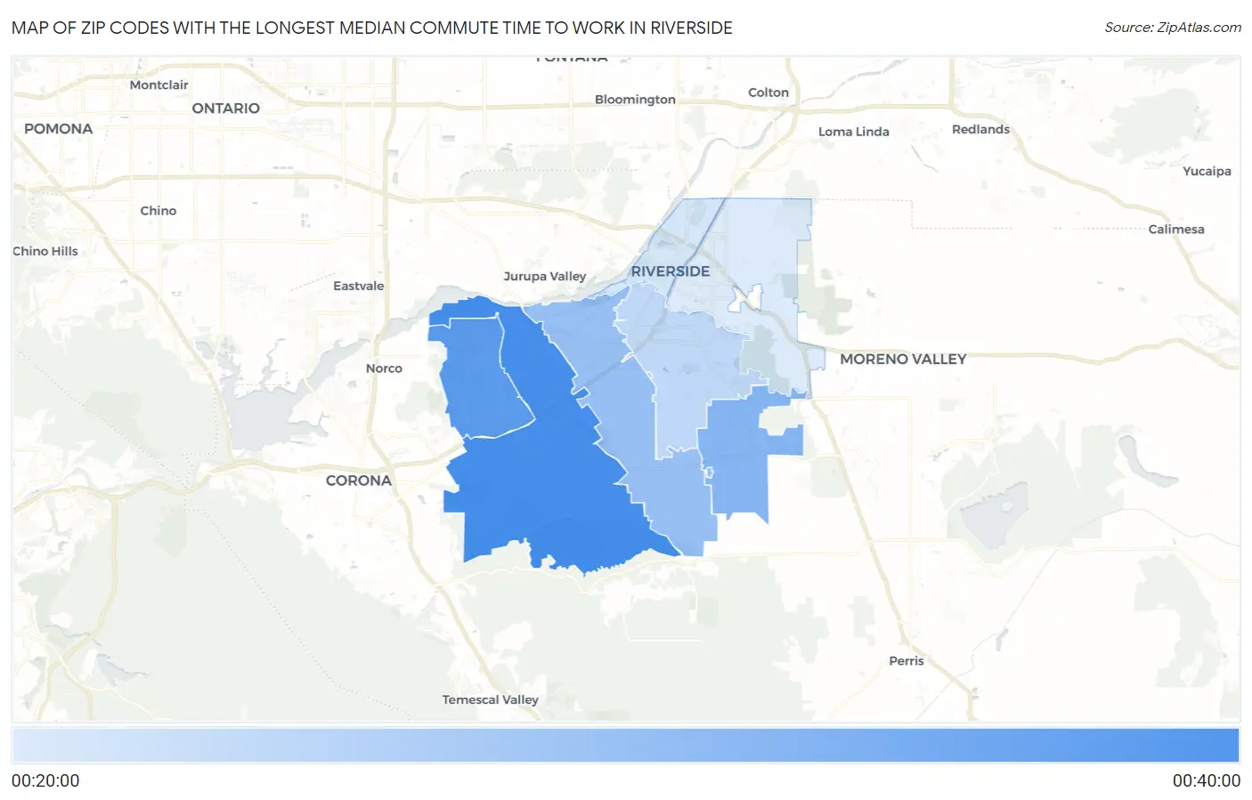 Zip Codes with the Longest Median Commute Time to Work in Riverside Map