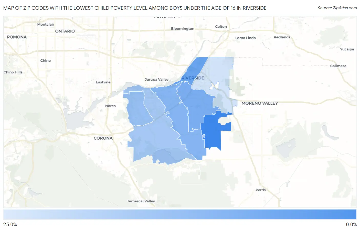 Zip Codes with the Lowest Child Poverty Level Among Boys Under the Age of 16 in Riverside Map