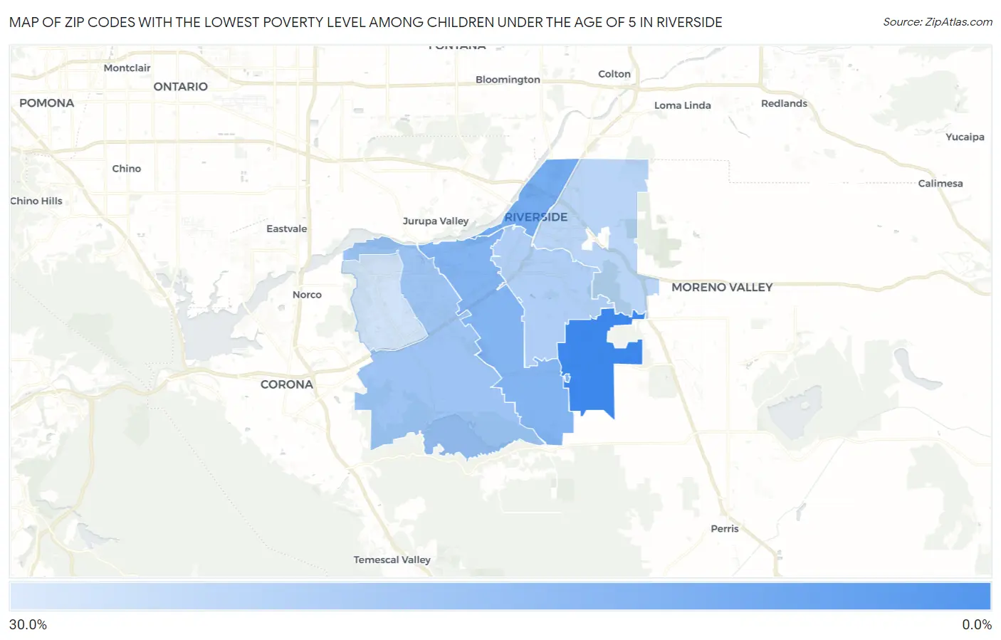 Zip Codes with the Lowest Poverty Level Among Children Under the Age of 5 in Riverside Map