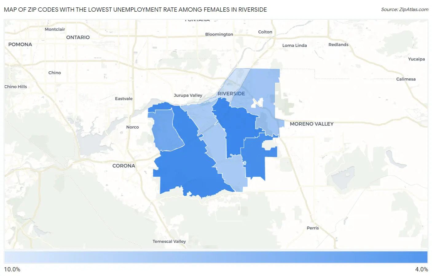 Zip Codes with the Lowest Unemployment Rate Among Females in Riverside Map