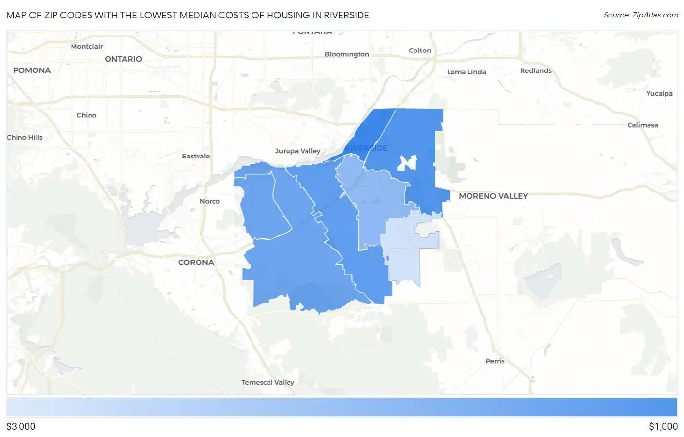 Zip Codes with the Lowest Median Costs of Housing in Riverside Map