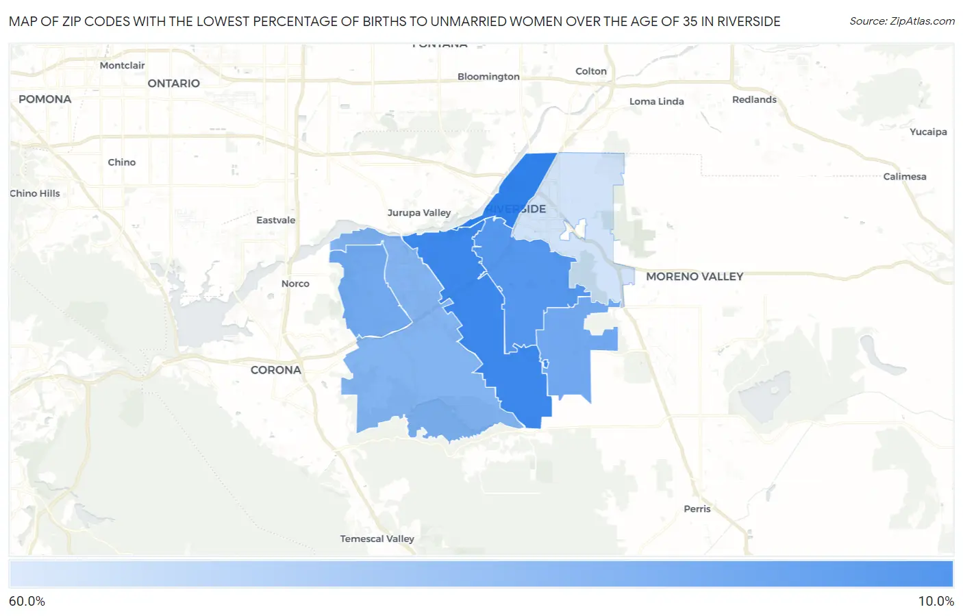 Zip Codes with the Lowest Percentage of Births to Unmarried Women over the Age of 35 in Riverside Map