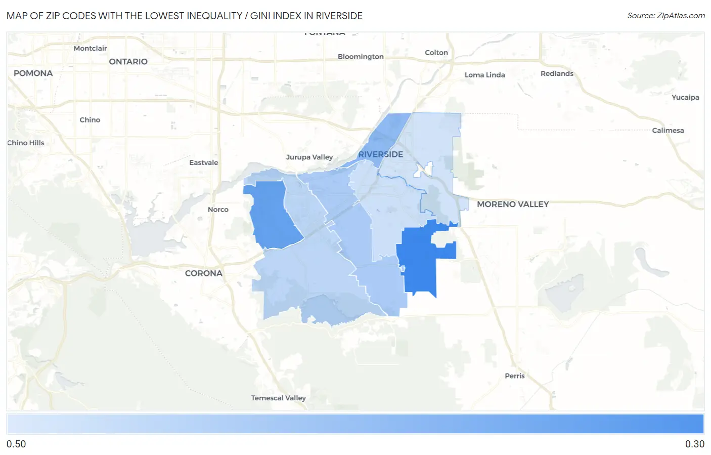 Zip Codes with the Lowest Inequality / Gini Index in Riverside Map