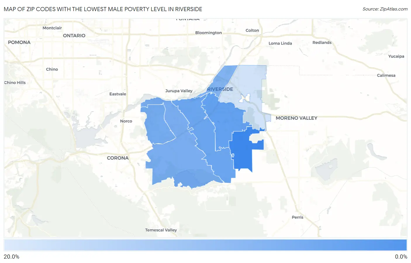 Zip Codes with the Lowest Male Poverty Level in Riverside Map