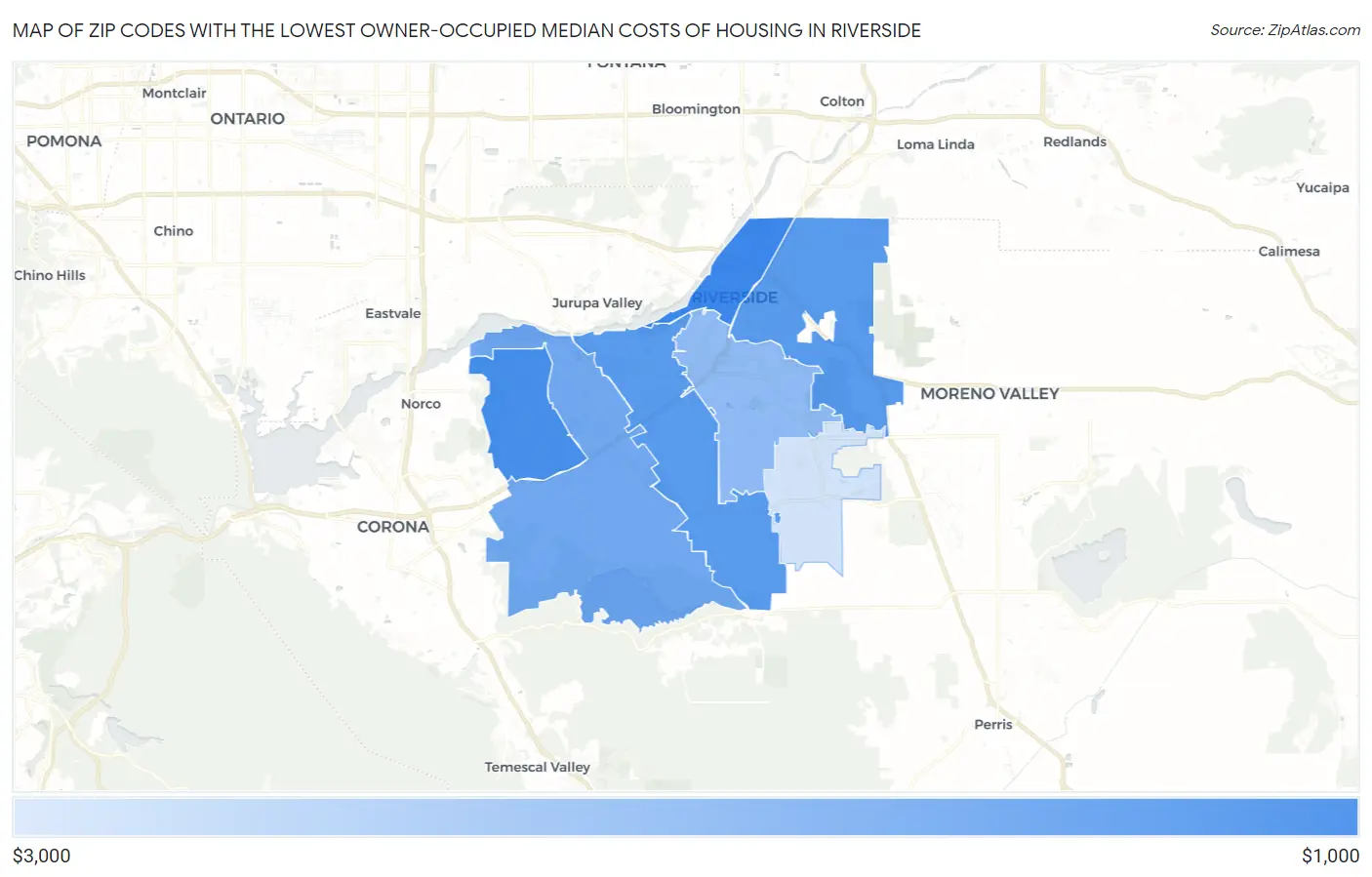 Zip Codes with the Lowest Owner-Occupied Median Costs of Housing in Riverside Map