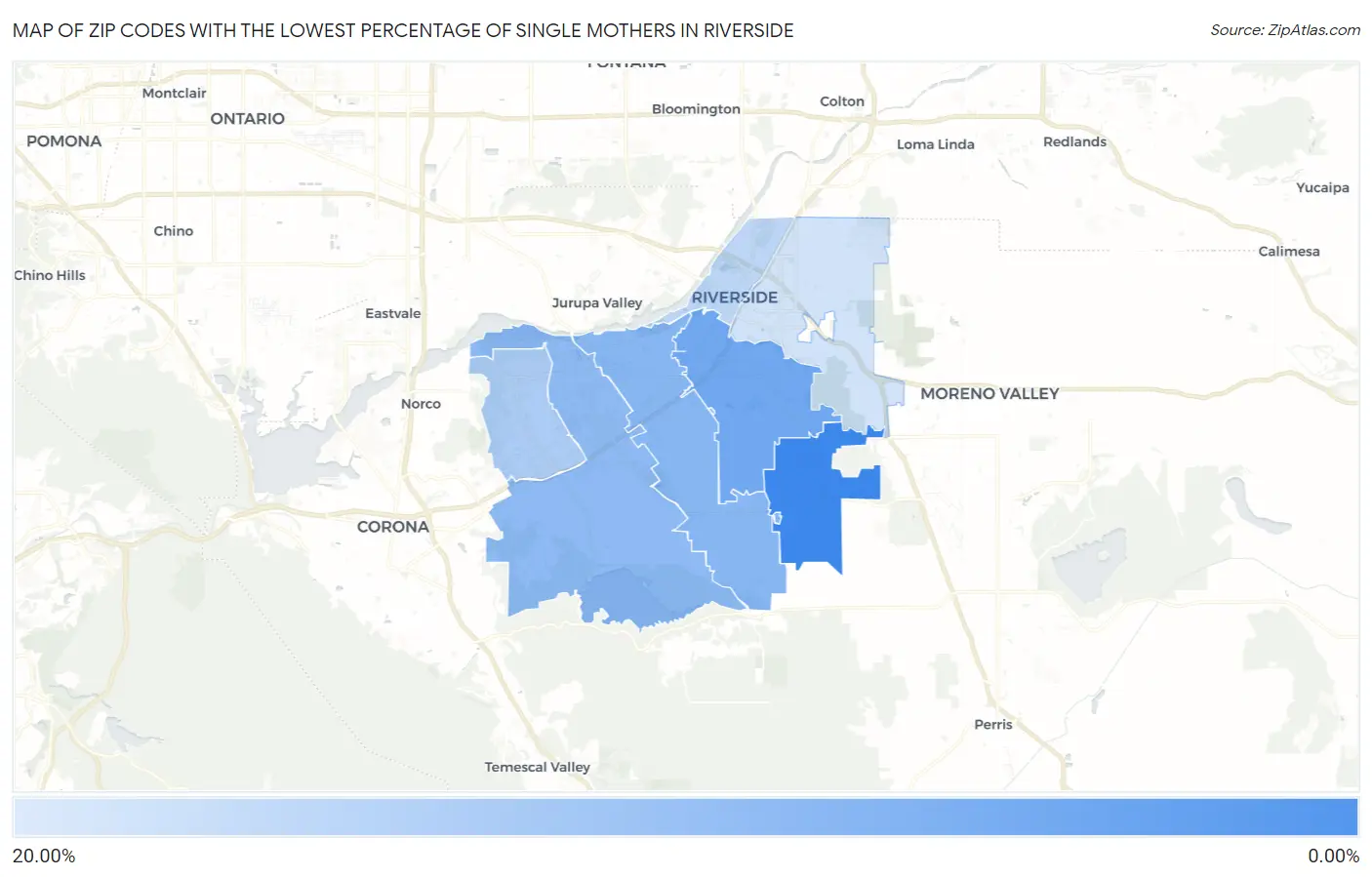Zip Codes with the Lowest Percentage of Single Mothers in Riverside Map