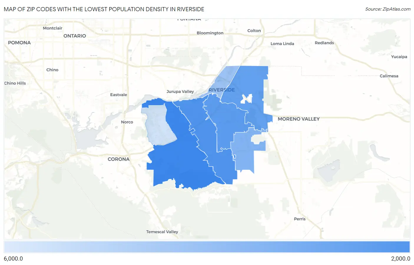 Zip Codes with the Lowest Population Density in Riverside Map