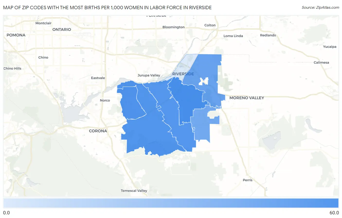 Zip Codes with the Most Births per 1,000 Women in Labor Force in Riverside Map