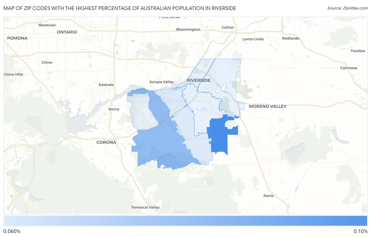 Zip Codes with the Highest Percentage of Australian Population in Riverside Map