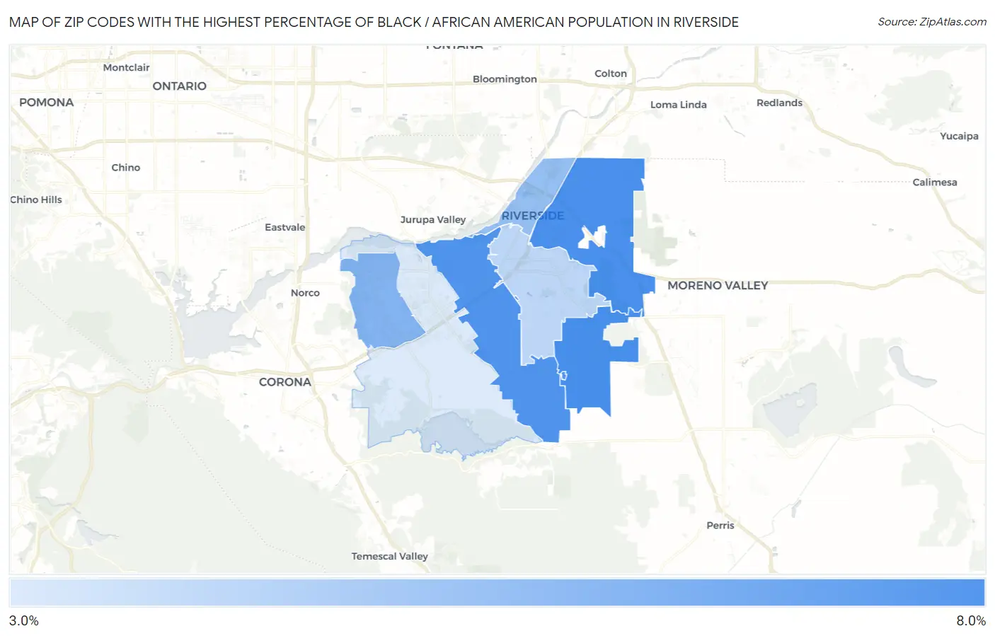 Zip Codes with the Highest Percentage of Black / African American Population in Riverside Map