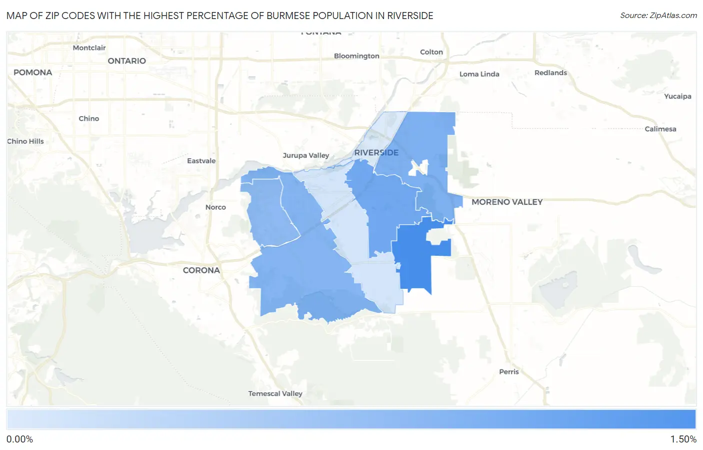 Zip Codes with the Highest Percentage of Burmese Population in Riverside Map